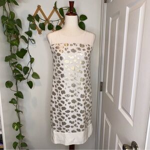 CALVIN KLEIN Exquisite Silk Metallic Blend Trapeze Dress Gold White